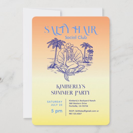 コースタルイエローマーメイド女性のカーボーイサマーパーティー 招待状 (正面)