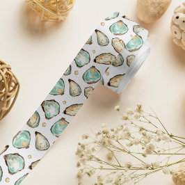 コースタルウォーターカラーオイスター&パールパターン サテンリボン