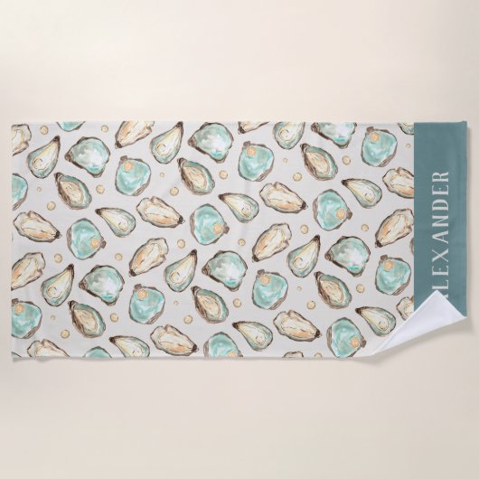 コースタルウォーターカラーオイスター&パールパーソナライズされた ビーチタオル (正面)