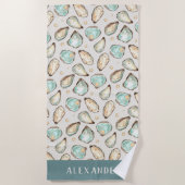 コースタルウォーターカラーオイスター&パールパーソナライズされた ビーチタオル (正面)