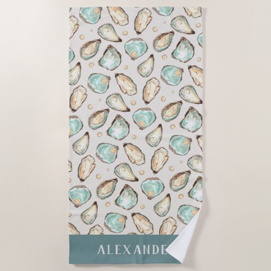 コースタルウォーターカラーオイスター&パールパーソナライズされた ビーチタオル (正面)