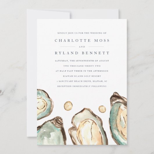 コースタルウォーターカラーオイスター&パール結婚ズ 招待状 (正面)