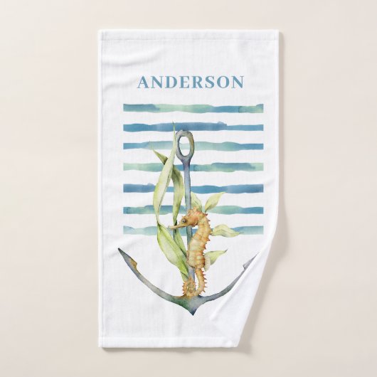 コースタルウォーターカラーシーホース&いかりデザイン ハンドタオル (ハンドタオル)