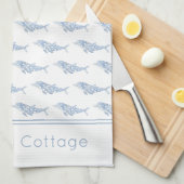 コースタルウォーターカラーブルー水玉模様イルカ キッチンタオル (四つ折り)