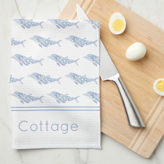 コースタルウォーターカラーブルー水玉模様イルカ キッチンタオル (四つ折り)