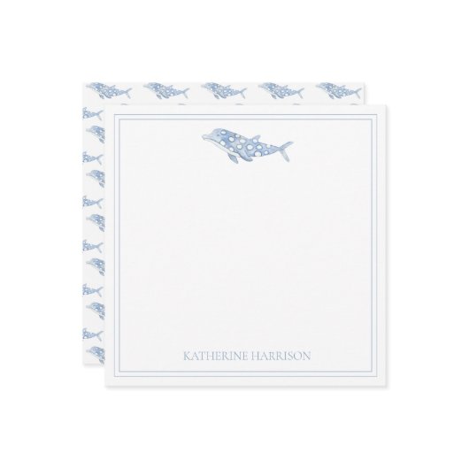 コースタルウォーターカラーブルー水玉模様イルカ ノートカード (正面/裏面インサイチュ)