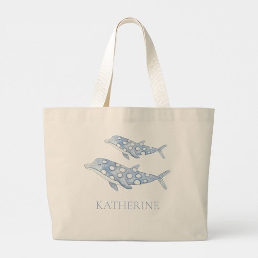 コースタルウォーターカラーブルー水玉模様イルカ ラージトートバッグ (裏面)