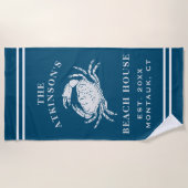 コースタルカニビーチ素朴ハウスファミリーネームネイビー ビーチタオル (正面)