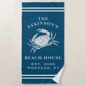 コースタルカニビーチ素朴ハウスファミリーネームネイビー ビーチタオル (正面)