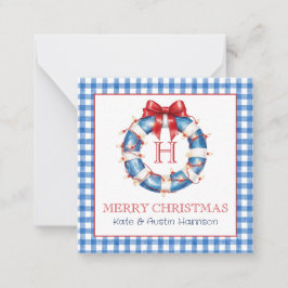 コースタルクリスマスギンガムモノグラムリース ノートカード