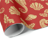 コースタルクリスマスシーホース金ゴールドグリッターレッド ラッピングペーパー (ロールコーナー)