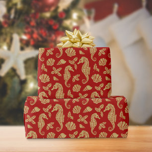 コースタルクリスマスシーホース金ゴールドグリッターレッド ラッピングペーパー