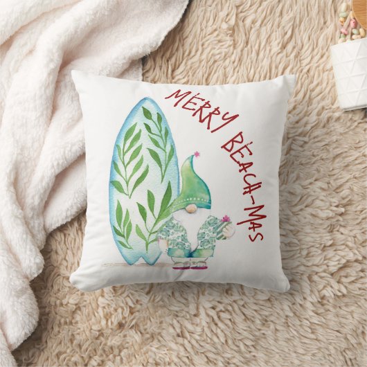 コースタルクリスマスビーチサンタウォーターカラーアート クッション (ブランケット)