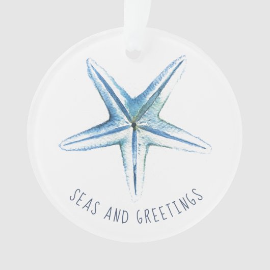 コースタルクリスマスブルーウォーターカラーヒトデ オーナメント (正面)