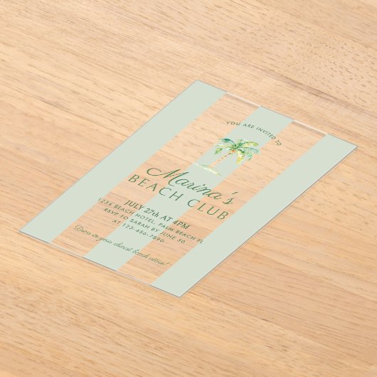 コースタルグリーンカバナストライプビーチパーム誕生日 アクリル招待状 (レイダウン)