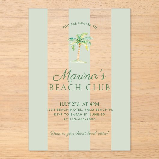 コースタルグリーンカバナストライプビーチパーム誕生日 アクリル招待状 (正面)