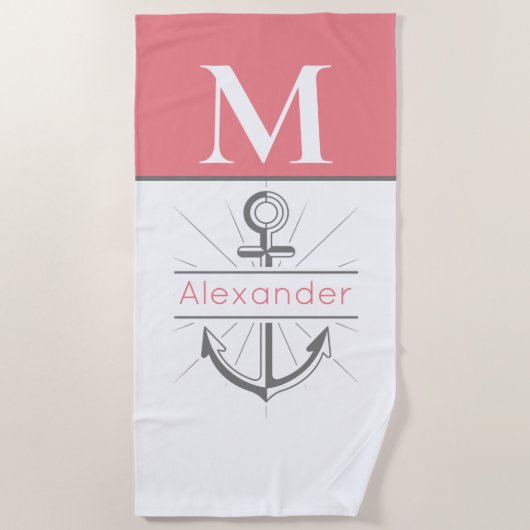 コースタルグレーホワイトいかりモノグラム ビーチタオル (正面)