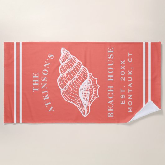 コースタルコンチシェルビーチハウスファミリーネームコーラル ビーチタオル (正面)