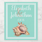 コースタルコンチシーシェル&シーグラスグリーン結婚ズ ワインラベル (シングルラベル)