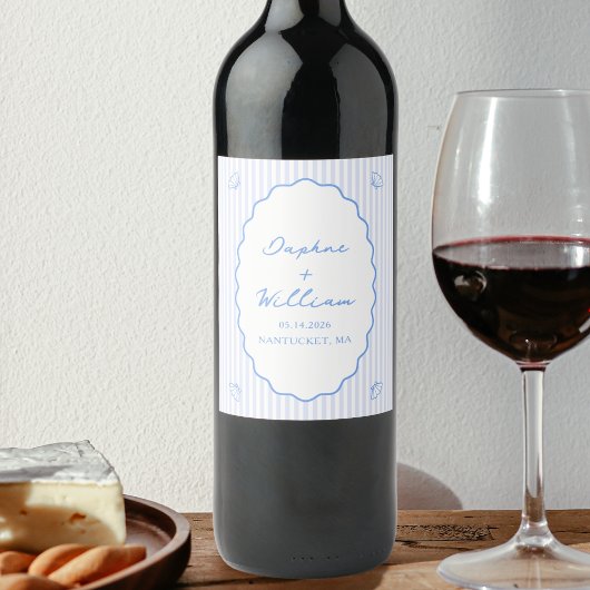 コースタルシックシェルストライプ&パーソナライズされた結婚ズ ワインラベル