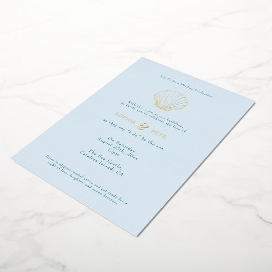 コースタルシックフォイル結婚式の招待ブルー 箔招待状 (回転した状態)