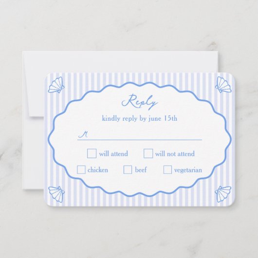 コースタルシックブルー&ホワイトストライプのウェー結婚ブ 出欠カード (正面)