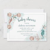 コースタルシック |ティール（緑がかった色）とコーラルシーライフ赤ちゃんシャワー 招待状 (正面)