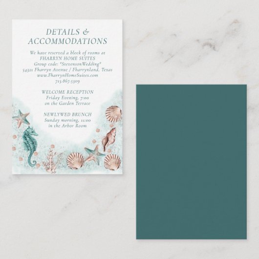コースタルシック |ティール(緑がかった色)とコーラルリーフの宿泊 エンクロージャーカード (正面/裏面)