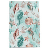 コースタルシック |ティール(緑がかった色)とコーラルリーフパステルパターン ミディアムペーパーバッグ (正面)