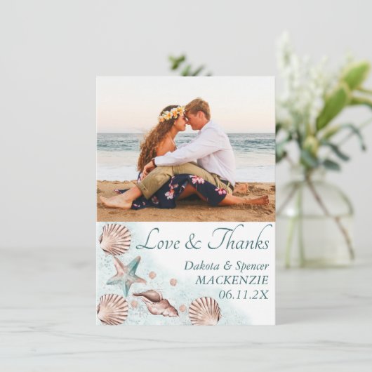 コースタルシック |ティール（緑がかった色）とコーラルリーフフォト結婚ズ サンキューカード (スタンド正面)