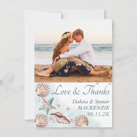コースタルシック |ティール（緑がかった色）とコーラルリーフフォト結婚ズ サンキューカード (正面)