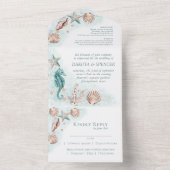 コースタルシック |ティール(緑がかった色)とバラの金ゴールド航海の結婚の オールインワン招待状 (内側)