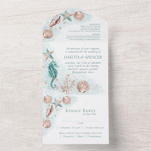 コースタルシック |ティール（緑がかった色）とバラの金ゴールド航海の結婚の オールインワン招待状 (内側)