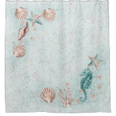 コースタルシック |ティール（緑がかった色）とバラ金ゴールド（海面下） シャワーカーテン (正面)