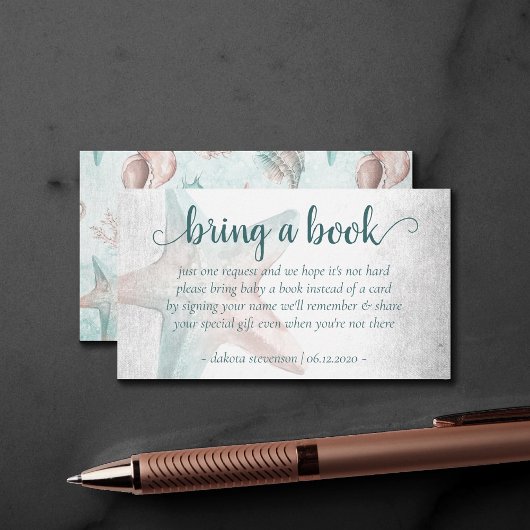 コースタルシック |ティール(緑がかった色)のヒトデが本を持ってくる エンクロージャーカード