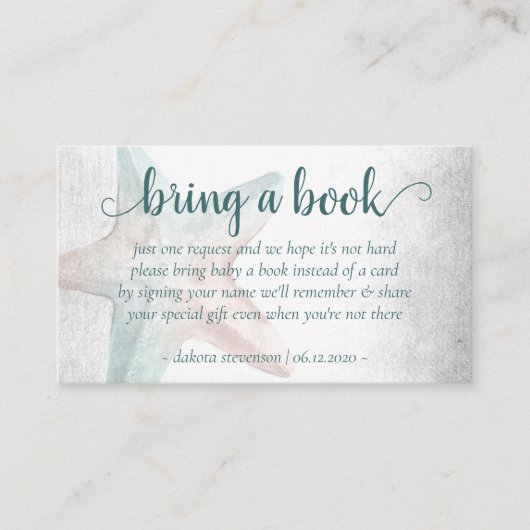 コースタルシック |ティール(緑がかった色)のヒトデが本を持ってくる エンクロージャーカード (正面)