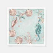コースタルシック |ティール(緑がかった色)グリーンとコーラルリーフパーティー スタンダードカクテルナプキン (正面)
