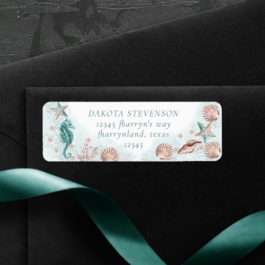 コースタルシック |ティール（緑がかった色）グリーンとコーラルリーフパーティー ラベル