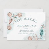 コースタルシック |ティール(緑がかった色)グリーンとコーラルリーフ結婚ズ セーブザデート (正面)