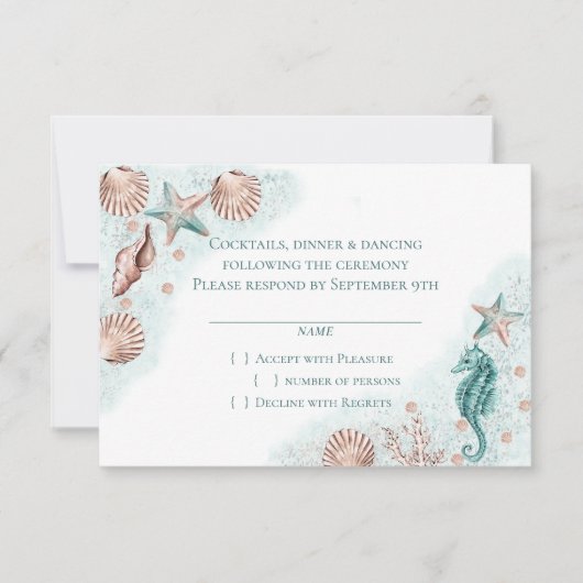 コースタルシック |ティール(緑がかった色)グリーンとサンゴ礁 出欠カード (正面)