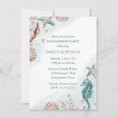 コースタルシック |ティール(緑がかった色)コーラルリーフ婚約ディナー 招待状 (正面)
