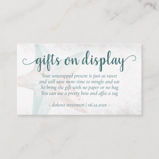 コースタルシック |ティール(緑がかった色)サンゴのヒトデのギフトディスプレイ エンクロージャーカード (正面)