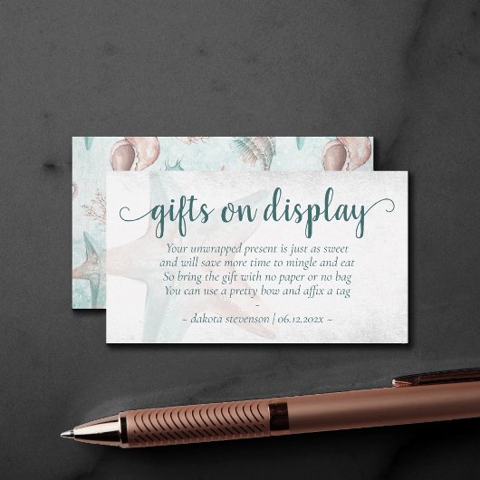 コースタルシック |ティール(緑がかった色)サンゴのヒトデのギフトディスプレイ エンクロージャーカード