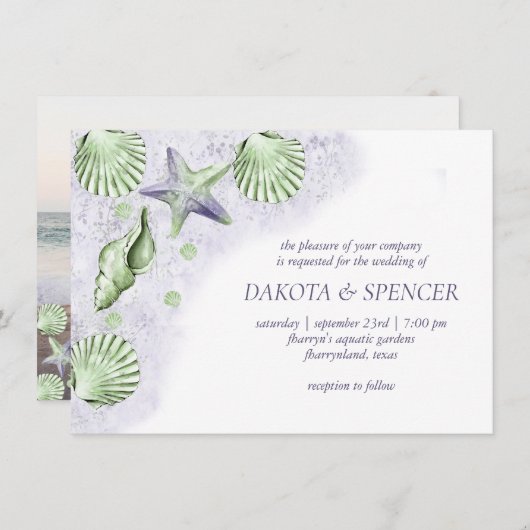 コースタルシック |パープルグリーン航海のの結婚写真 招待状 (正面/裏面)