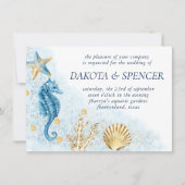 コースタルシック |ブルーと金ゴールドコーラルリーフ結婚ズ 招待状 (正面)