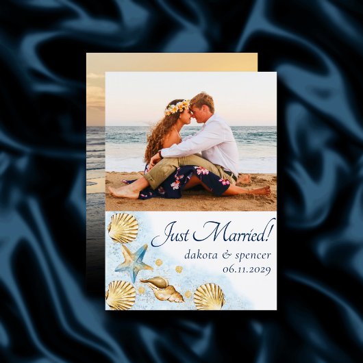 コースタルシック |ブルー金ゴールドサンゴ礁結婚写真 案内状