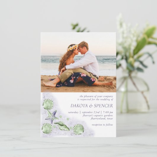 コースタルシック |紫とライムグリーン結婚の写真 招待状 (スタンド正面)