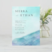 コースタルシーガラス2ティール（緑がかった色）ラベンダーエレガントウェディング 招待状 (スタンド正面)