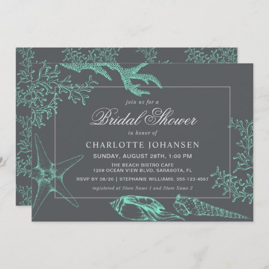 コースタルシーコーラル航海のテーマブライダルシャワー 招待状 (正面/裏面)