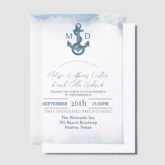 コースタルシーサイドビーチ航海のいかり結婚ズ ベラム紙招待状 (オフセット)